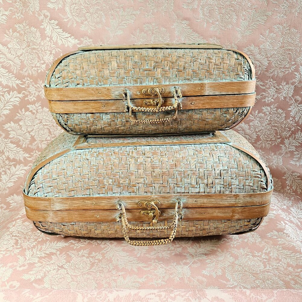 Vintage Pair of Vintage Woven Bamboo Wicker Suitcases
